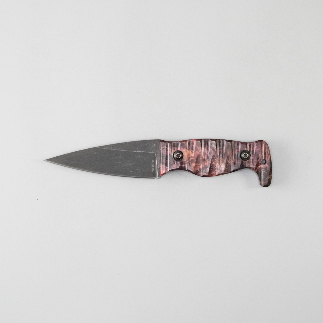 Amtac Blades Custom Magnacut Northman Non-Serrated - Dyed Buckeye Burl Wood with Charcoal Grey Liners G10 Handle 1085