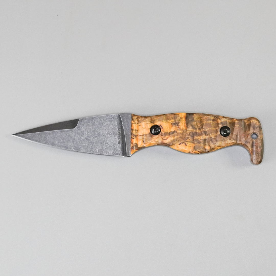 The Magnacut Custom NorthmanX (Non-Serrated) Dyed Masur Birch with Coyote Brown G10 Liners Wood Handle 373