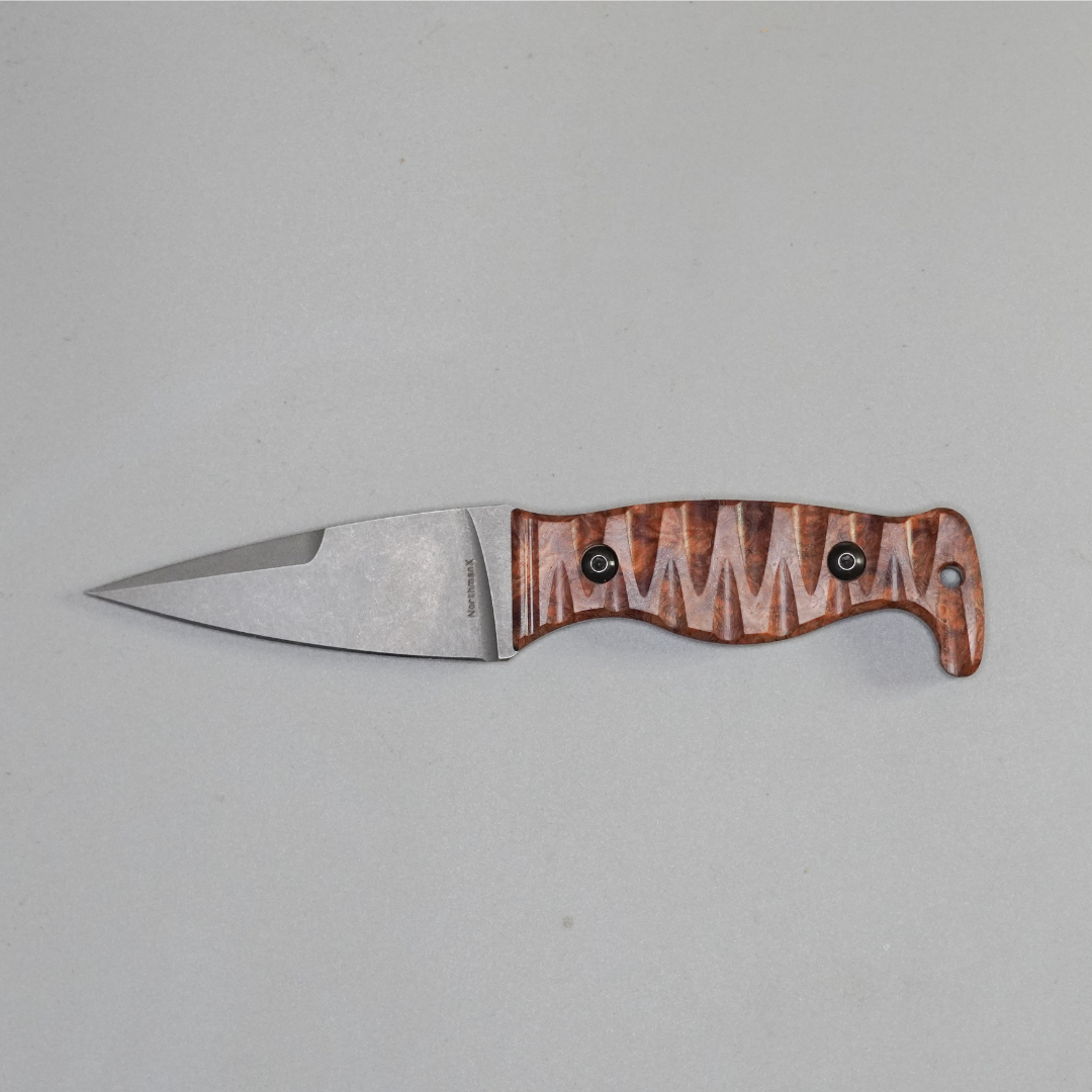 The Magnacut Custom NorthmanX (Non-Serrated) Stabilized Afzelia Burl Wood with Black G10 Liners Handle 389