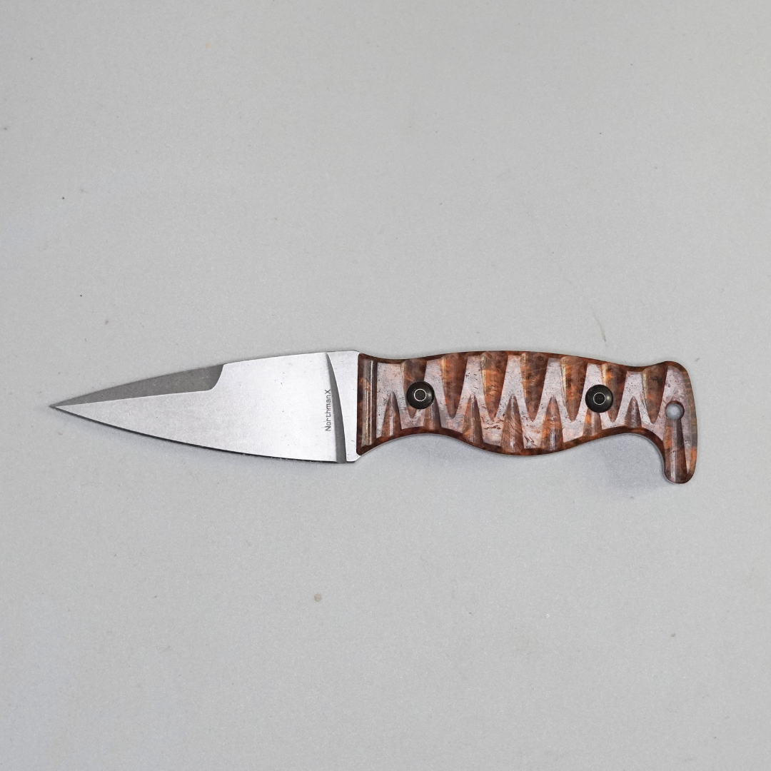 The Magnacut Custom NorthmanX (Non-Serrated) Stabilized Amboyna Burl Wood with Coyote Brown G10 Liners Handle 390