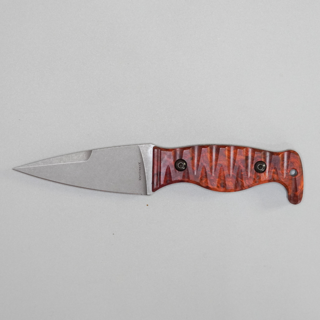 The Magnacut Custom NorthmanX (Non-Serrated) Stabilized Amboyna Burl Wood  with Black G10 Liners Handle 429