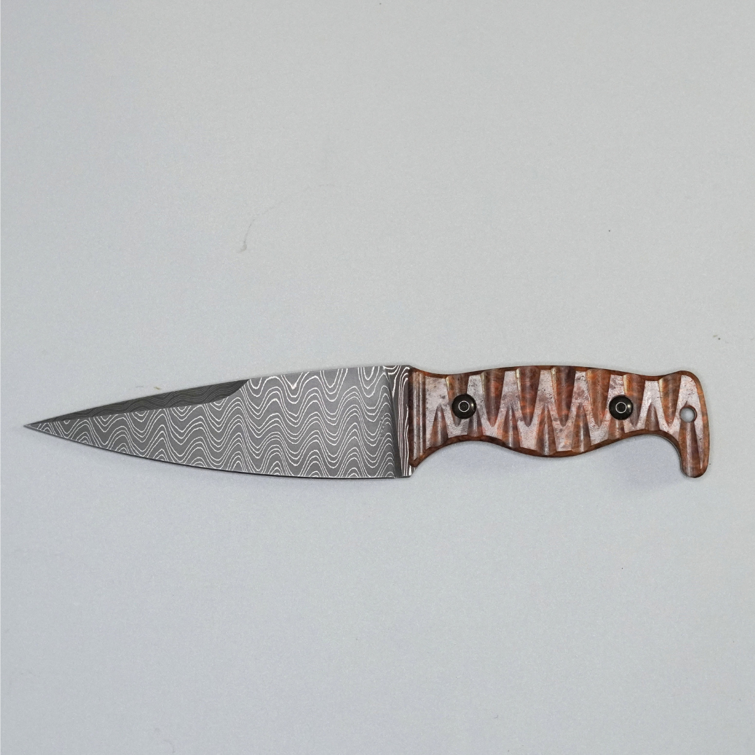 Amtac Blades Custom Damascus Magnus – Stabilized Amboyna Burl with Ivory G10 Liners Handle 554