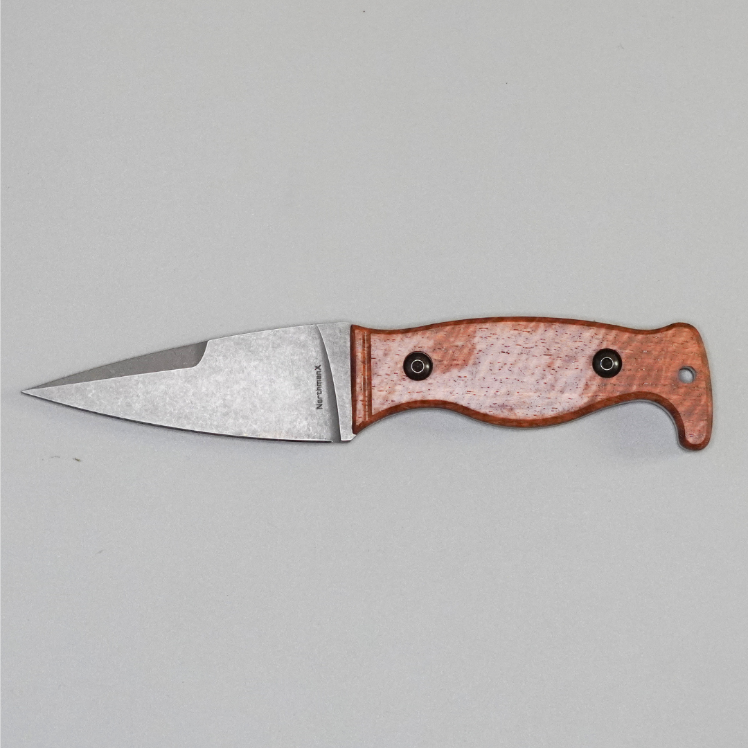 The Magnacut Custom NorthmanX (Non-Serrated) Stabilized Curly Narra Wood with Black G10 Liners Handle 450