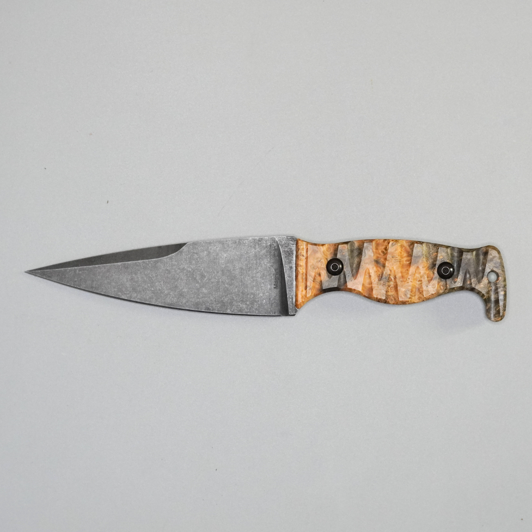 Amtac Blades Custom MagnaCut Magnus – Stabilized Amboyna Burl Wood with Tapered Tang Handle 555